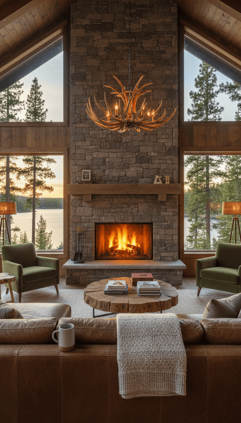 Cozy lakeside cabin interior with stone fireplace and warm lighting