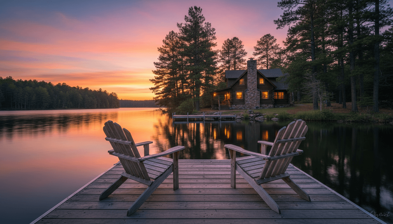 Rustic lakeside cabin glowing warmly at dusk, dock extending into calm water, pine forest silhouettes against sunset sky