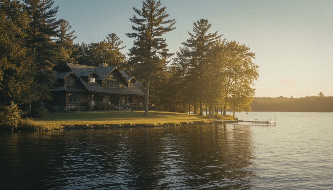 Peaceful Adirondack lakeside home at golden hour with manicured grounds and secure entrance