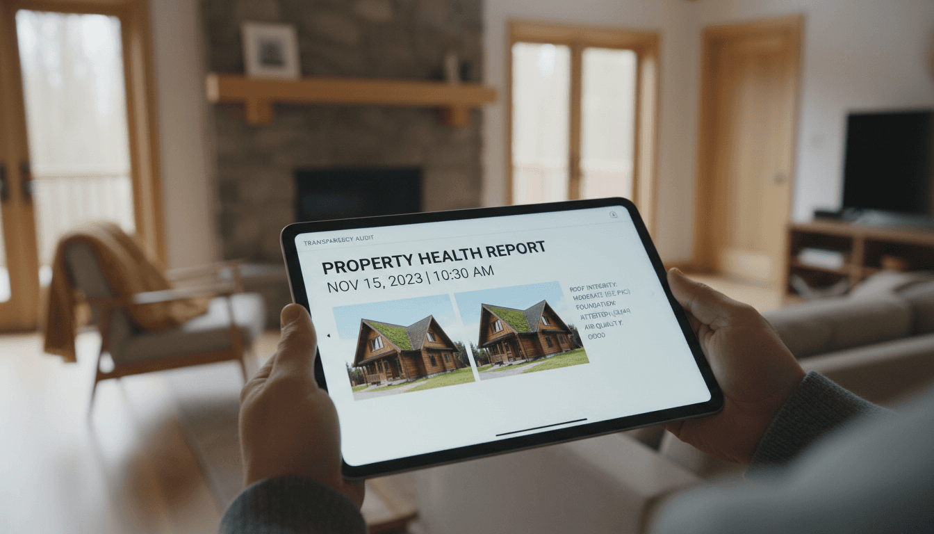 Homeowner reviewing comprehensive digital health report on tablet showing property documentation