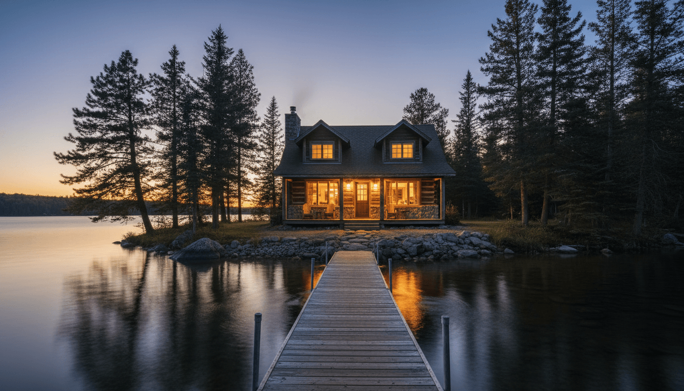 Rustic lakeside cabin glowing warmly at dusk, dock extending into calm water, pine forest silhouettes against sunset sky